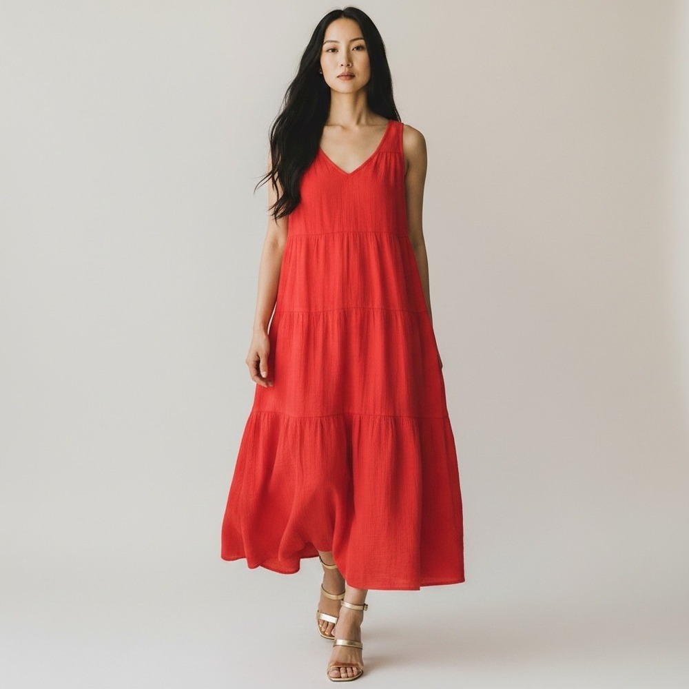 Marine Layer Red Gauze Maxi Dress Women M Coral Tiered Sleeveless Elegant